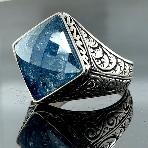 Men's Natural Sapphire Stone Ring, Engraved Square Ring, Turkısh Handmade Ring, Ottoman Style Ring, 925k Sterling Silver Ring in Kuwait