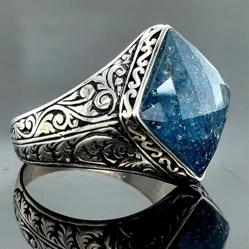 Men's Natural Sapphire Stone Ring, Engraved Square Ring, Turkısh Handmade Ring, Ottoman Style Ring, 925k Sterling Silver Ring in Kuwait