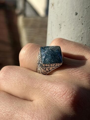 Men's Natural Sapphire Stone Ring, Engraved Square Ring, Turkısh Handmade Ring, Ottoman Style Ring, 925k Sterling Silver Ring in Kuwait