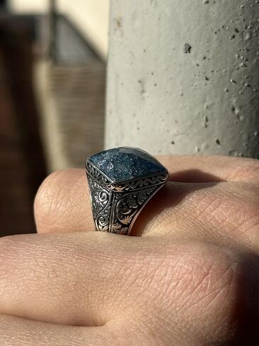 Men's Natural Sapphire Stone Ring, Engraved Square Ring, Turkısh Handmade Ring, Ottoman Style Ring, 925k Sterling Silver Ring in Kuwait