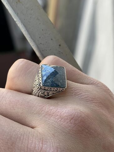 Men's Natural Sapphire Stone Ring, Engraved Square Ring, Turkısh Handmade Ring, Ottoman Style Ring, 925k Sterling Silver Ring in Kuwait