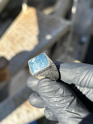 Men's Natural Sapphire Stone Ring, Engraved Square Ring, Turkısh Handmade Ring, Ottoman Style Ring, 925k Sterling Silver Ring in Kuwait