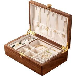 Bescott 2 Layer Solid Black Walnut Wooden Jewelry Box with Lock and Key for Women Wood Vintage Organizer for Men Earrings Rings Necklaces Bracelet Watch Storage Mother's Day Chiristmas Gift in Kuwait