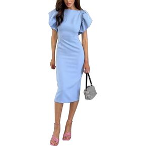 zi cheng Women's Basic Bodycon Ruffle Flared Short Sleeve Pencil Midi Dress in Saudi Arabia