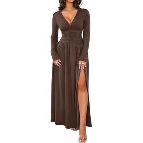 Kaei&Shi Long Sleeve Formal Dress,Deep V Neck High Slit Ruched Dresses for Women,Elegant Cocktail Wedding Guest Outfit in Kuwait