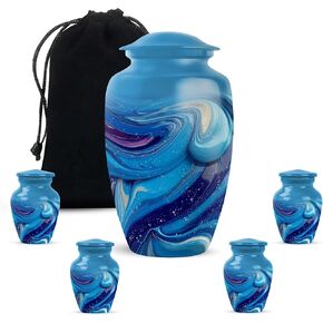Large Blue Urns - Cremation Urns for Human Ashes Adult Female, Blue Funeral Keepsake Urn for Ashes Adult Male, Cremation Urn, Decorative Memorial Gift for Father (10 Inch & 3 Inch, Set of 5) in Saudi Arabia