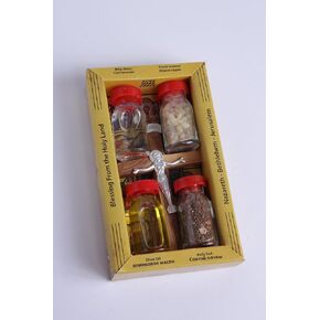 New Set Holy Land Set 5 In1 Olive Wood Cross Set with 4 Bottles - Oil, Jordan Water,Holy Land Essences & Holy Earth in Kuwait