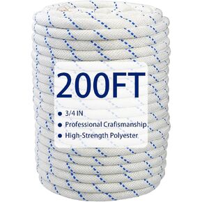 3/4" x 200' High Force Braid Polyester Rope, 24 Strand Bull Rope Up to 20000Lbs Tensile Strength, Heavy Duty Tree Rope, Ideal for Tree Work, Camping and Swings, Blue and White in Kuwait