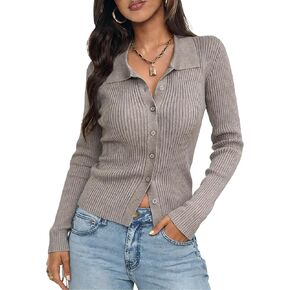 2026 Women's Slim Fitted Rib Knit Cardigan Sweater Long Sleeve Button-Up Lightweight Fall Fashion Tops Y2K Clothing in Kuwait