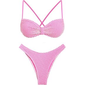 seamoly Glitter Metallic Fishnet Overlay Criss Cross Bikini Set, Light Pink in Kuwait