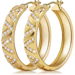 أقراط دائرية مكتنزة مطلية بالذهب عيار 14 قيراط للنساء، حلقات خفيفة الوزن مضادة للحساسية مقاس 25 مم مع زركونيا مكعب متقاطع، مثالية للارتداء اليومي والحفلات والهدايا in Kuwait