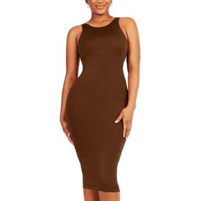 فساتين للنساء 2023 ملابس داخلية للتحكم في البطن I ميدي بدون أكمام ورقبة عالية نحت فستان محدد شكل الجسم in Kuwait