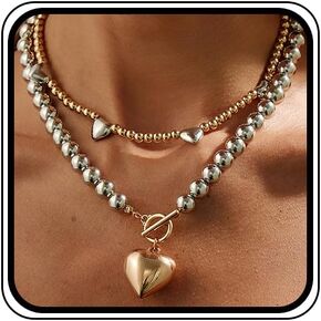 Chunky Two Tone Beaded Heart Necklace for Women Fashion Large Puffy Heart Ot Buckle Choker Layered Gold Silver Beads Necklaces Trendy Big Love Jewelry in Kuwait