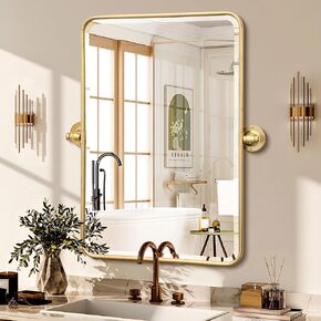 Besdomus Bathroom Gold Pivot Mirror: 20"x30" Farmhouse Beveled Tilt Vanity HD Mirror for Bathroom - Rectangular Gold Leafing Metal Framed for Horizontal/Vertical - Home Decor for Fashion-Conscious in Kuwait