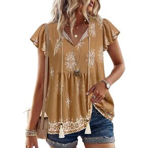 Vivilli Summer Tops for Women: Linen Shirts for Women - Womens Boho Tops Flowy Flutter Sleeve Peasnt Tunic Blouses Fringe Tie Front Trendy Top Work Casual Cruise Beach Vacation Outfits Resort Brown L in Kuwait