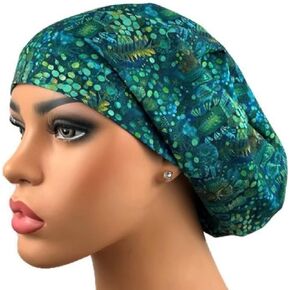 Surgical Scrubhat, Euro Scrubcap, Nurse Hat for Women, OR Bouffant, Emerald Foliage in Kuwait