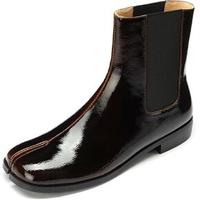 Split Toe Patent Leather Ankle Boots Chelsea Block Low Heels Short Bootie Slip-on Classic Elastic Neutral Booties in Kuwait