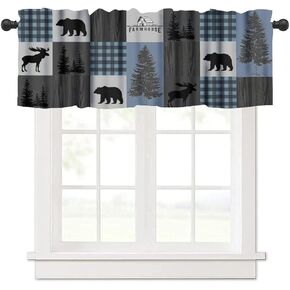 ريفي الستارة الستائر خمر مزرعة الدب موس الغزلان صورة ظلية الغابات مجلس خشبي أزرق رمادي أسود قضيب جيب الستار الستارة للمطبخ غرفة نوم غرفة المعيشة ديكور 1 لوحة W54xL18 بوصة in Kuwait