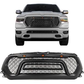 IKON MOTORSPORTS، شبكة علوية متوافقة مع 2019-2024 Ram 1500، غطاء شبكة شواء أمامي بنمط المتمردين ABS أسود غير لامع مع أضواء إشارة، 2020 2021 2022 2023 in Kuwait