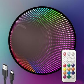 Infinity Mirror Light Round, Remote Controlled, USB Powered LED Wall Decor, Dimmable RGB Color Changing (Black, Remote Control) in Kuwait