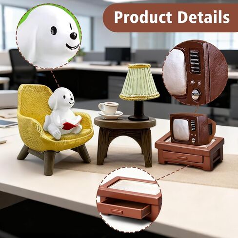5pcs Mini Reading Dog Desk Figurines,Resin Miniature Dogs Figurines Including Sofa,Lamp Table,TV,Table,Resin Puppy Decor,Perfect for Office and Home Desktop Decoration in Saudi Arabia