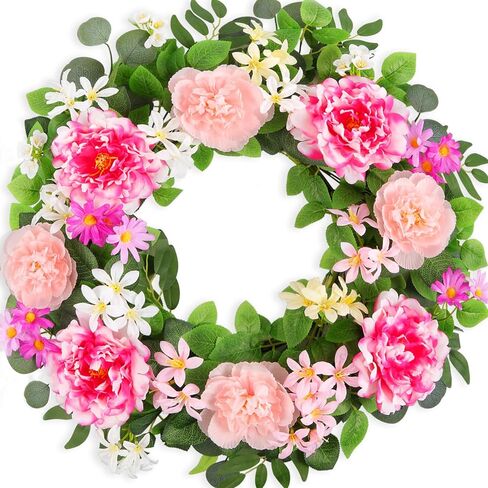 إكليل باب أمامي كبير مقاس 24 بوصة - إكليل ربيعي من الزهور الاصطناعية الكاملة للباب الأمامي، ديكور الباب الداخلي والخارجي، ديكور منزل المزرعة (الفاوانيا الوردية والزهور البرية) in Kuwait