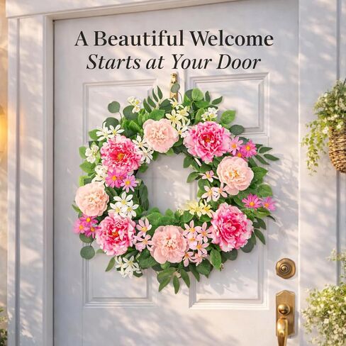 إكليل باب أمامي كبير مقاس 24 بوصة - إكليل ربيعي من الزهور الاصطناعية الكاملة للباب الأمامي، ديكور الباب الداخلي والخارجي، ديكور منزل المزرعة (الفاوانيا الوردية والزهور البرية) in Kuwait