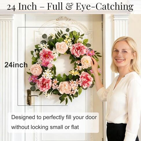 إكليل باب أمامي كبير مقاس 24 بوصة - إكليل ربيعي من الزهور الاصطناعية الكاملة للباب الأمامي، ديكور الباب الداخلي والخارجي، ديكور منزل المزرعة (الفاوانيا الوردية والزهور البرية) in Kuwait