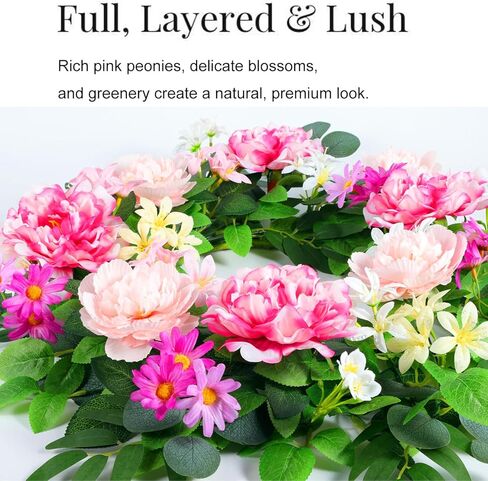 إكليل باب أمامي كبير مقاس 24 بوصة - إكليل ربيعي من الزهور الاصطناعية الكاملة للباب الأمامي، ديكور الباب الداخلي والخارجي، ديكور منزل المزرعة (الفاوانيا الوردية والزهور البرية) in Kuwait