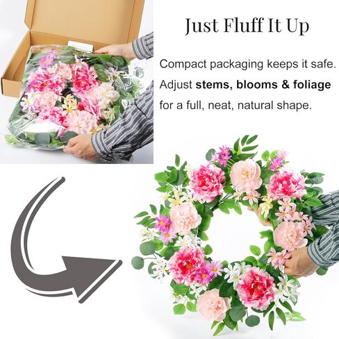 إكليل باب أمامي كبير مقاس 24 بوصة - إكليل ربيعي من الزهور الاصطناعية الكاملة للباب الأمامي، ديكور الباب الداخلي والخارجي، ديكور منزل المزرعة (الفاوانيا الوردية والزهور البرية) in Kuwait