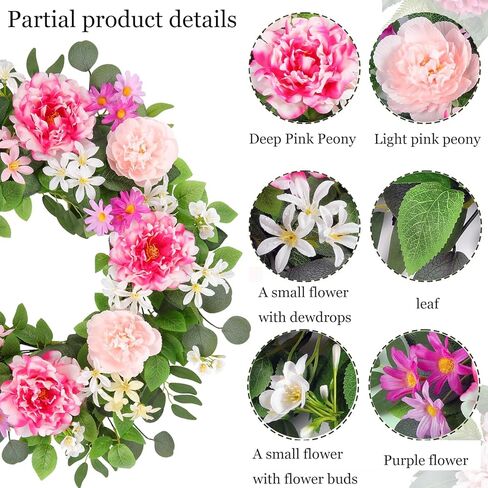 إكليل باب أمامي كبير مقاس 24 بوصة - إكليل ربيعي من الزهور الاصطناعية الكاملة للباب الأمامي، ديكور الباب الداخلي والخارجي، ديكور منزل المزرعة (الفاوانيا الوردية والزهور البرية) in Kuwait