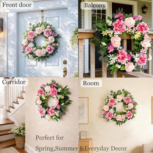 إكليل باب أمامي كبير مقاس 24 بوصة - إكليل ربيعي من الزهور الاصطناعية الكاملة للباب الأمامي، ديكور الباب الداخلي والخارجي، ديكور منزل المزرعة (الفاوانيا الوردية والزهور البرية) in Kuwait