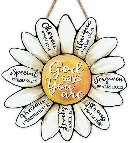 Christian Daisy Flower Front Door Sign, Religious Bible Verse God Says You are Floral Wood Plaque Hanger Home Decor, Inspirational Scriptures Wooden Wreath Indoor Wall Hanging Decoration in Saudi Arabia