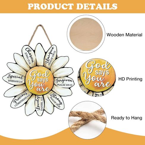Christian Daisy Flower Front Door Sign, Religious Bible Verse God Says You are Floral Wood Plaque Hanger Home Decor, Inspirational Scriptures Wooden Wreath Indoor Wall Hanging Decoration in Saudi Arabia