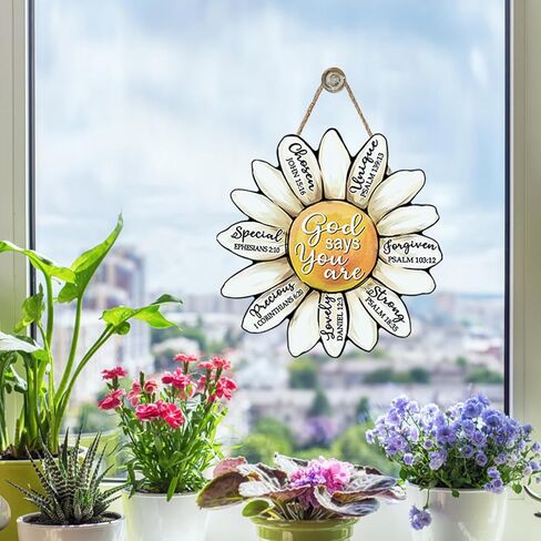 Christian Daisy Flower Front Door Sign, Religious Bible Verse God Says You are Floral Wood Plaque Hanger Home Decor, Inspirational Scriptures Wooden Wreath Indoor Wall Hanging Decoration in Saudi Arabia