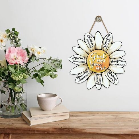 Christian Daisy Flower Front Door Sign, Religious Bible Verse God Says You are Floral Wood Plaque Hanger Home Decor, Inspirational Scriptures Wooden Wreath Indoor Wall Hanging Decoration in Saudi Arabia