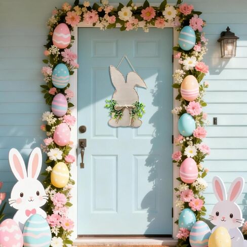 Easter Bunny Wreath with Bow, Wooden Rabbit Welcome Sign,14.96 x 9.84 Inches, DIY Door Hanging Decoration in Saudi Arabia