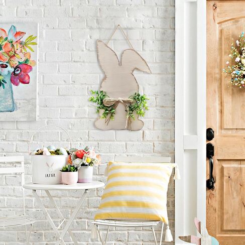 Easter Bunny Wreath with Bow, Wooden Rabbit Welcome Sign,14.96 x 9.84 Inches, DIY Door Hanging Decoration in Saudi Arabia