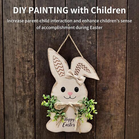 Easter Bunny Wreath with Bow, Wooden Rabbit Welcome Sign,14.96 x 9.84 Inches, DIY Door Hanging Decoration in Saudi Arabia