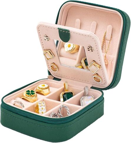 Portable Travel Jewelry Organizer Box with Mirror, Compact PU Leather Jewelry Case for Women & Girls - Green, Gift Ready in Saudi Arabia