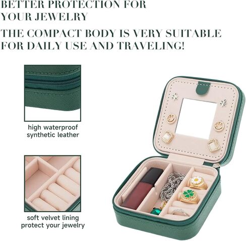 Portable Travel Jewelry Organizer Box with Mirror, Compact PU Leather Jewelry Case for Women & Girls - Green, Gift Ready in Saudi Arabia