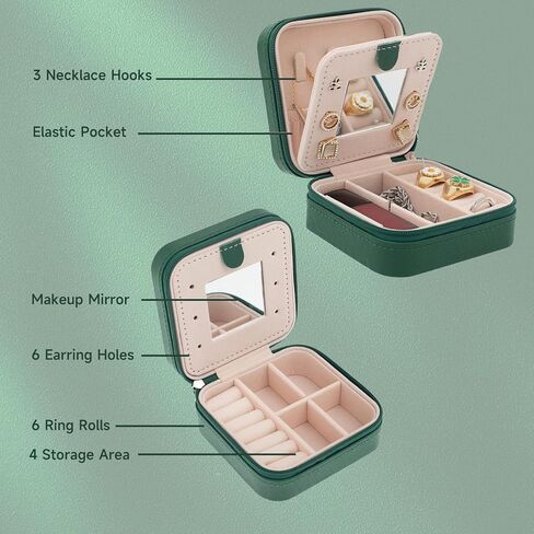 Portable Travel Jewelry Organizer Box with Mirror, Compact PU Leather Jewelry Case for Women & Girls - Green, Gift Ready in Saudi Arabia