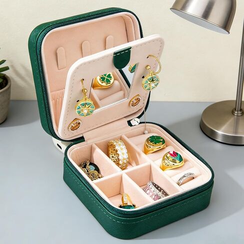 Portable Travel Jewelry Organizer Box with Mirror, Compact PU Leather Jewelry Case for Women & Girls - Green, Gift Ready in Saudi Arabia