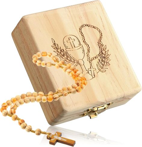 2 Pcs First Communion Gifts Wood Rosary Box and Wooden Rosary Beads Rosarios Catolicos Necklace Jewelry Holder for Men Women Prayer in Saudi Arabia