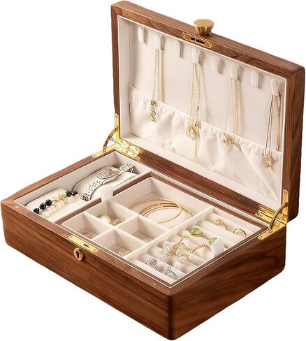 Bescott 2 Layer Solid Black Walnut Wooden Jewelry Box with Lock and Key for Women Wood Vintage Organizer for Men Earrings Rings Necklaces Bracelet Watch Storage Mother's Day Chiristmas Gift in Kuwait