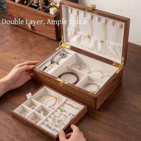 Bescott 2 Layer Solid Black Walnut Wooden Jewelry Box with Lock and Key for Women Wood Vintage Organizer for Men Earrings Rings Necklaces Bracelet Watch Storage Mother's Day Chiristmas Gift in Kuwait