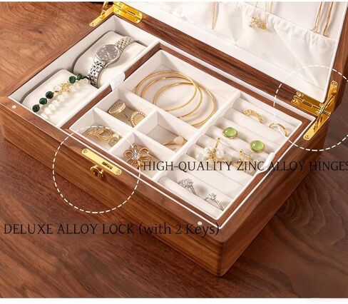 Bescott 2 Layer Solid Black Walnut Wooden Jewelry Box with Lock and Key for Women Wood Vintage Organizer for Men Earrings Rings Necklaces Bracelet Watch Storage Mother's Day Chiristmas Gift in Kuwait