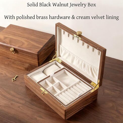 Bescott 2 Layer Solid Black Walnut Wooden Jewelry Box with Lock and Key for Women Wood Vintage Organizer for Men Earrings Rings Necklaces Bracelet Watch Storage Mother's Day Chiristmas Gift in Kuwait