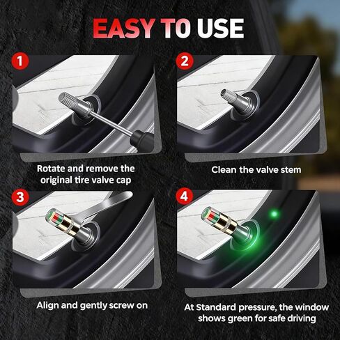 12 Pcs Car Tire Pressure Monitor Valve Stem Caps, Tire Caps with 2.4 Bar 36PSI Pressure Sensor, Visual 3-Color Eye Alert, Copper Core Tire Valve Caps for Cars, Motorcycles, Bicycles in Kuwait