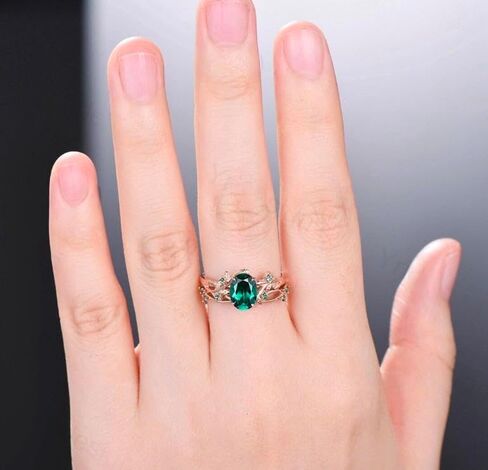 Nature Inspired Leaf emerald wedding ring set unique twig oval cut emerald engagement ring Art deco rose gold Branch anniversary ring set in Saudi Arabia